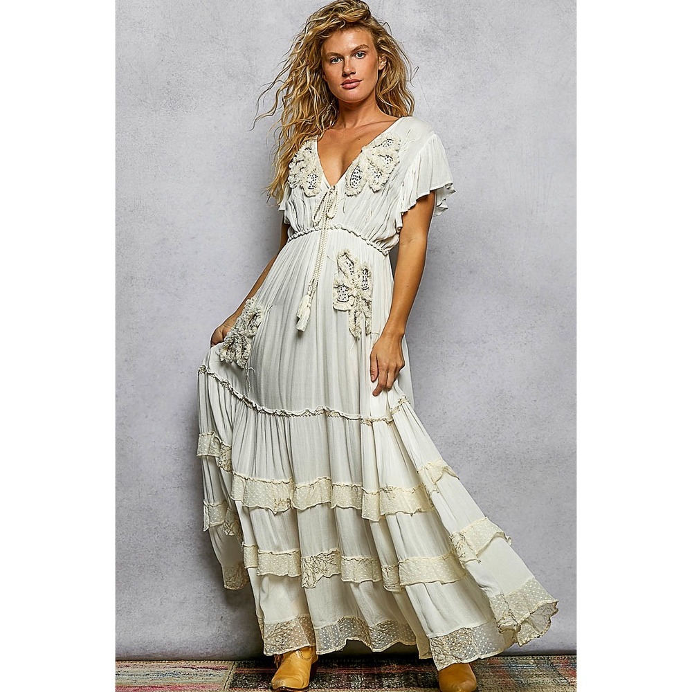 POL Boho Embroidered V-Neck Maxi Dress Ivory Viscose Tassel Tiered Lace Trim S